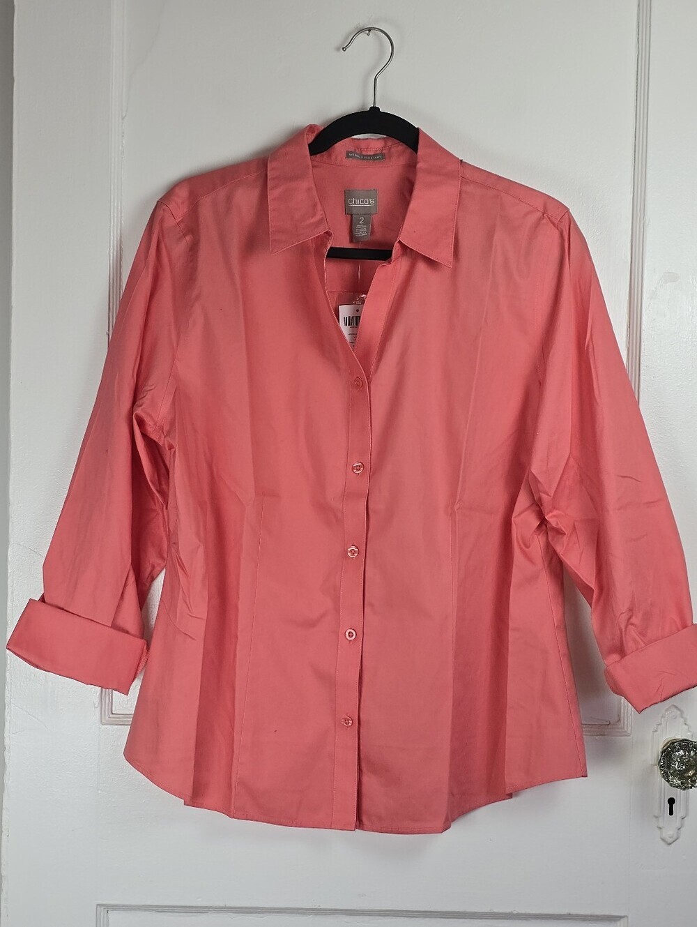 Chico's Pink Grapefruit No Iron Cotton  Long Sleeve Blouse NEW L